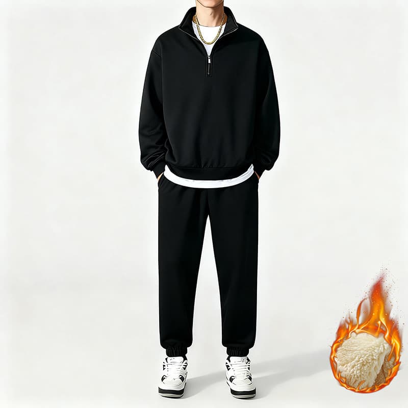 Plus Size Fleece Half-Zip Sweatshirt Set Men's Trendy Cross-border Trade Lapel Long Sleeve Solid Color Casual Wear, One-Piece Drop Shipping