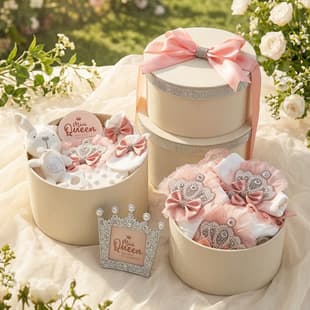Newborn Baby Double-Layer Round Gift Box Beige with Crown Rhinestone High-End Cotton Light Luxury Girl Newborn Meeting Gift