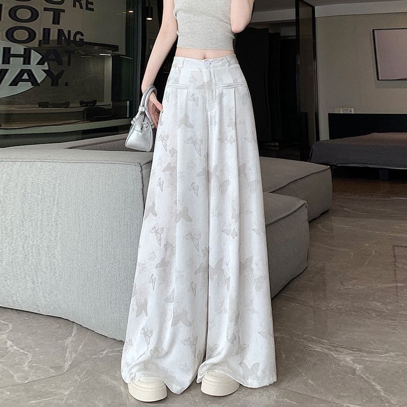 Vintage Jacquard Satin Wide-Leg Pants 2026 Spring-Summer Design High-Waist Pants Draping Casual Straight-Leg Long Pants