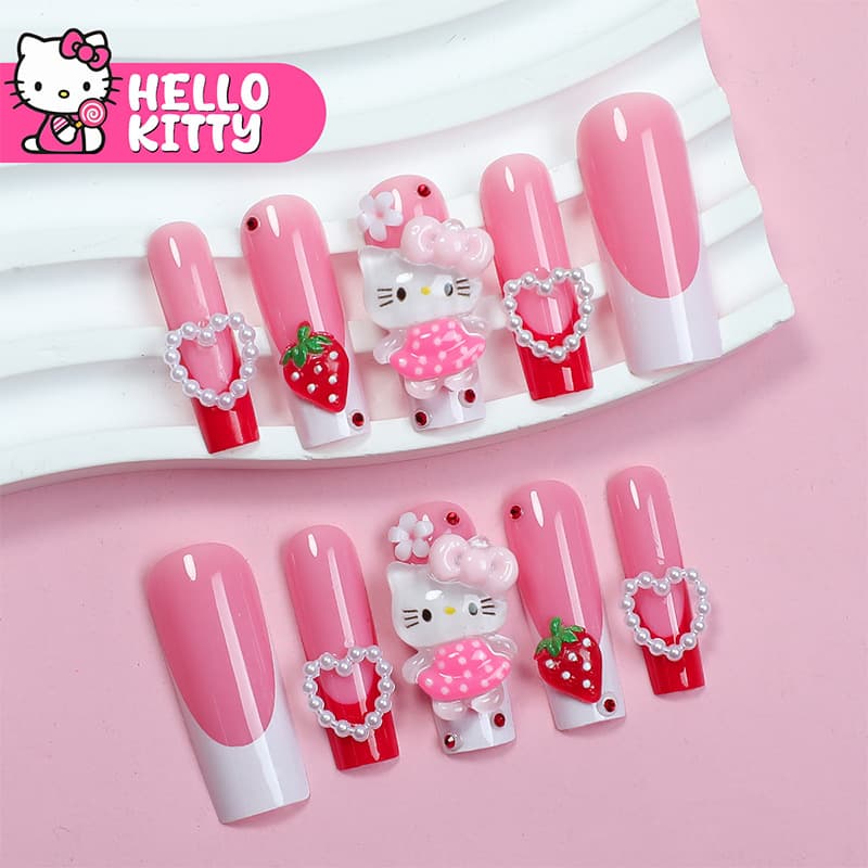 New Cross-Border Wearable Nails Hello Kitty Cartoon Wearable Nail Tips Long Style Press-On Nails Wholesale In Stock