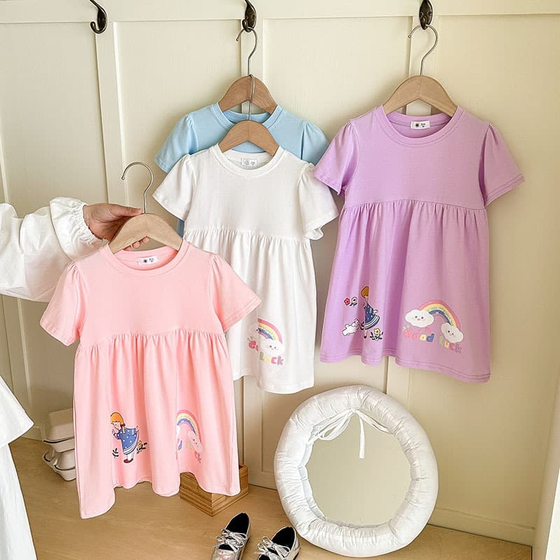Girls Summer Dress European-American Style Cartoon Kids Princess Dress Short Sleeve Cotton Girls Dress
