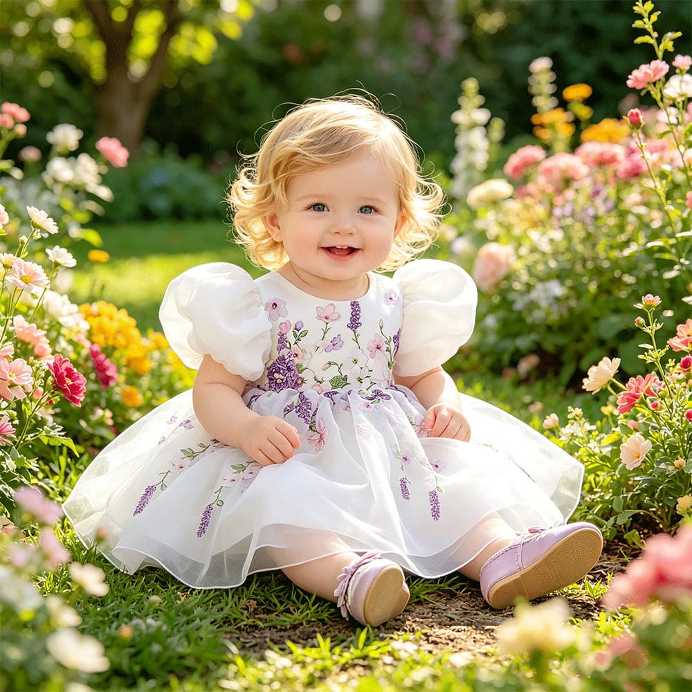 Baby Girl Birthday Dress Puff Sleeve Printed Wedding Flower Girl Tutu Dress Children's Performance Costume