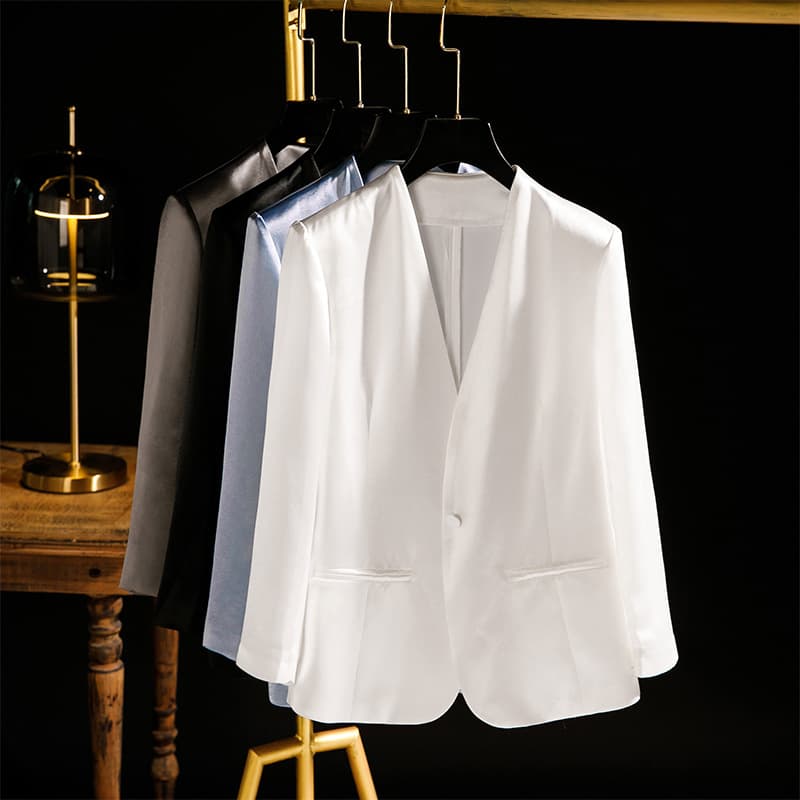 High-end 2026 New Acetate Collarless Short-Sleeve Blazer for Women, Thin Unlined Summer Casual Blazer