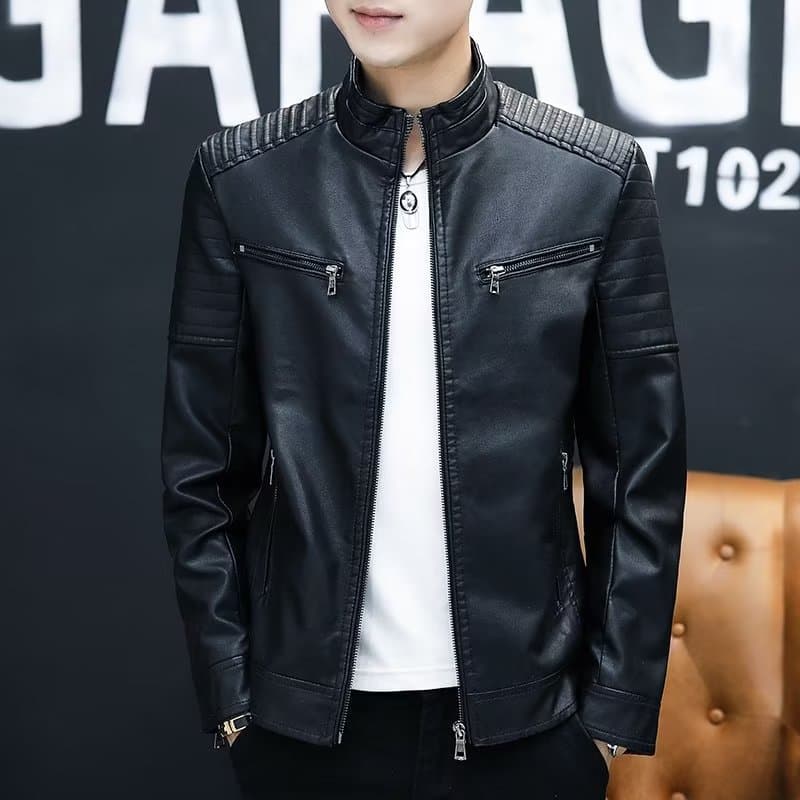 Men's PU leather jacket, spring, autumn and winter, slim fit, trendy, thick, handsome, casual motorcycle jacket.