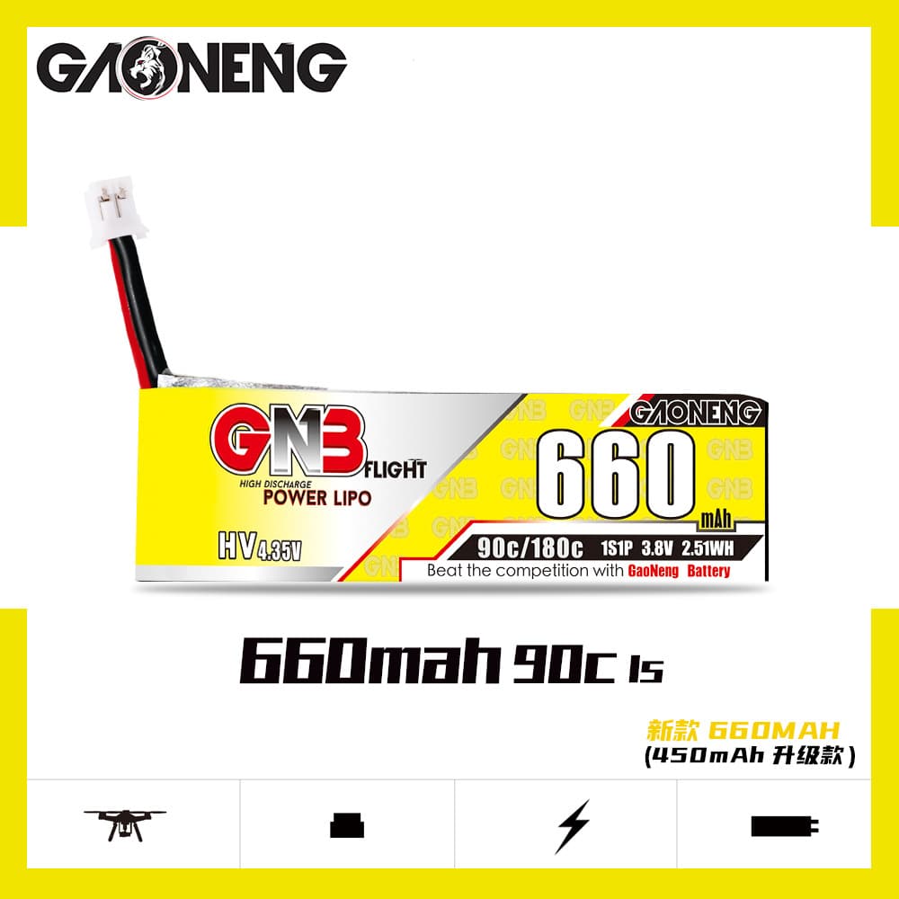 High Performance GNB 660mAh 1S 3.8V 90C HV LiPo Battery for RC Drone FPV GAONENG LiPo