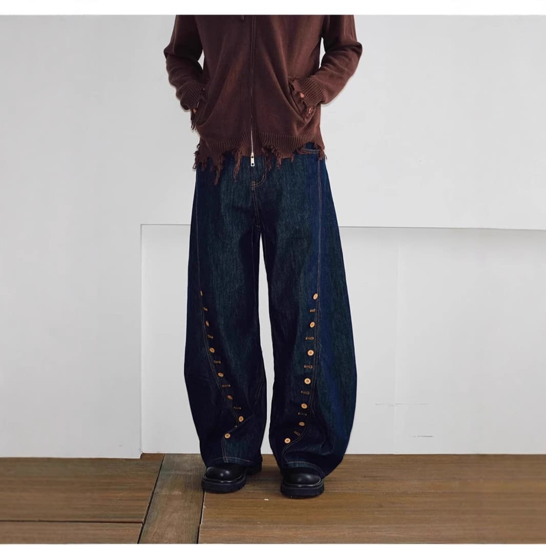 American Curved Knife Buttonhole Loose Curved Jeans for Men, Long Pants with Draping Wide Leg Casual Trousers, Same Style as Zhang Hanrui