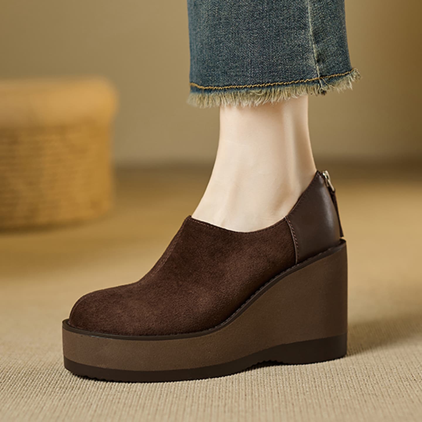 9cm High Heels 2026 Spring/Autumn Platform Shoes for Women Thick Sole Suede Vintage Leather Oxfords Wedge Heel Deep Mouth Flats