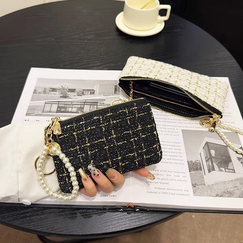 Women's Short Wallet, Chanel-Style Zipper Coin Purse, Canvas Woven Card Holder, Exquisite Driver's License Key Clutch