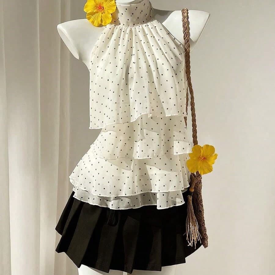 2026 Amazon Cross-border Polka Dot Halter Top Women Ruffled Pure Desire Style Waist-tie Backless