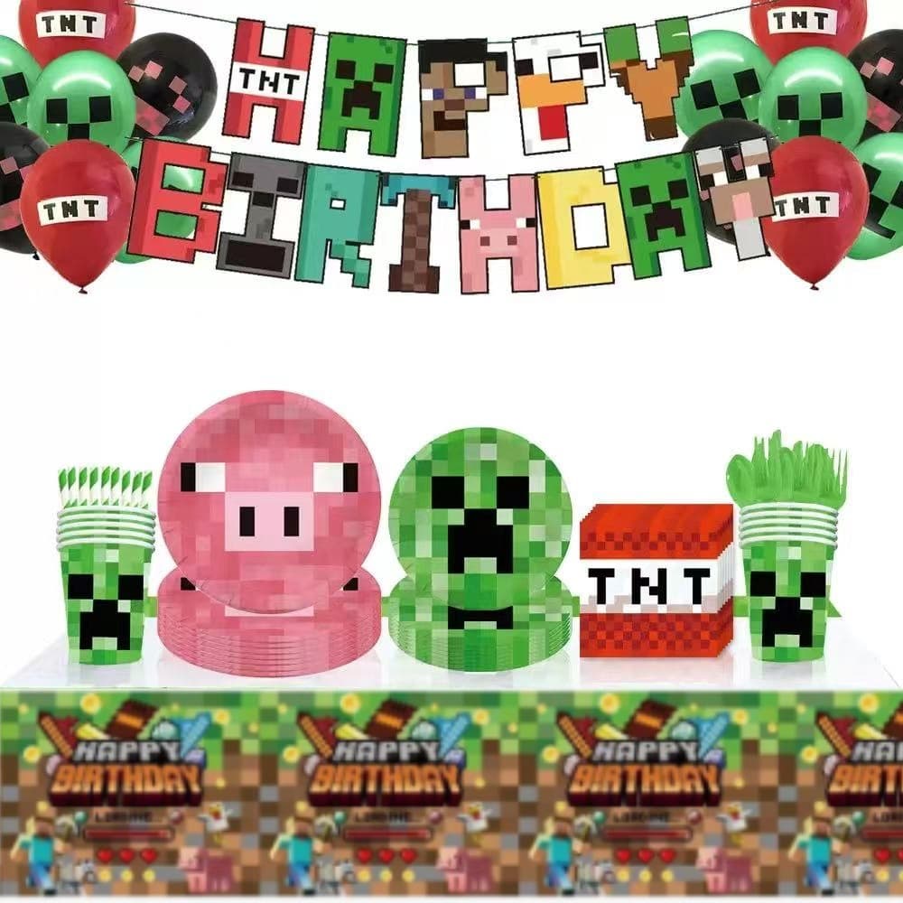 Minecraft Theme Party Decoration Set Pixel Battle Paper Plates Paper Cups Napkins Tablecloth Cake Toppers Table Cover