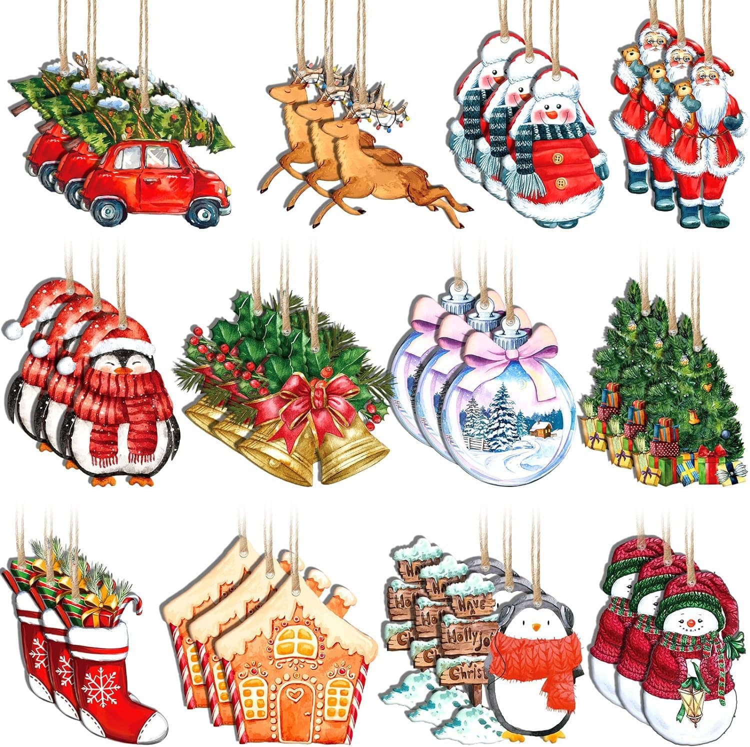 36-Piece Christmas Wooden Decoration Hanging Ornaments, Snowman Snowflake Santa Claus Farmhouse Party Decor