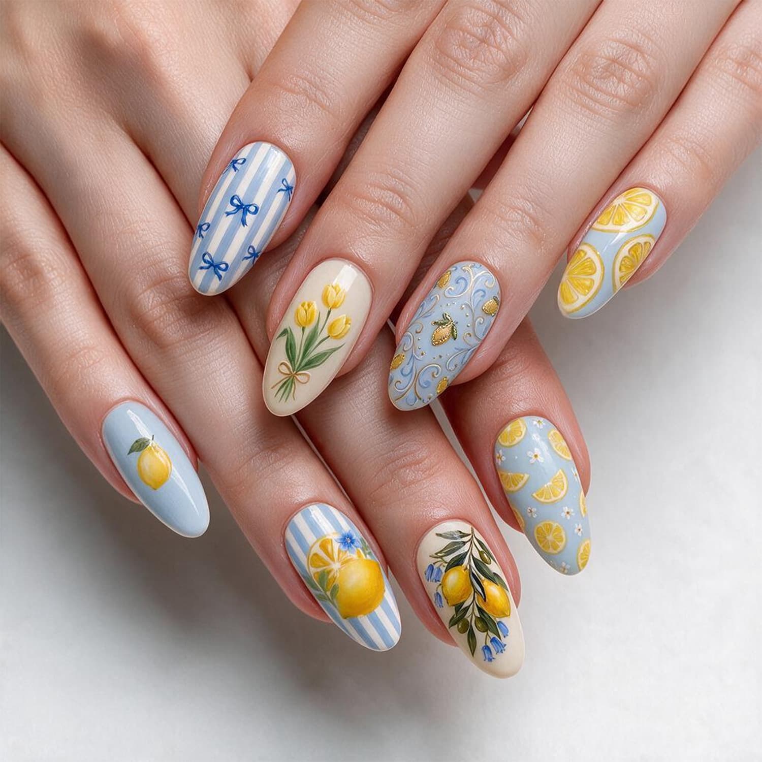 Lefan Nail Art Lemon Tulip Striped Bow Press-On Nails Short Almond Shape Export Fake Nails