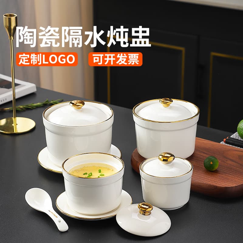 Ceramic Steaming Pot with Lid, Specialized Bowl for Double-Boiling, Commercial Steaming Jar, Bird's Nest Bowl