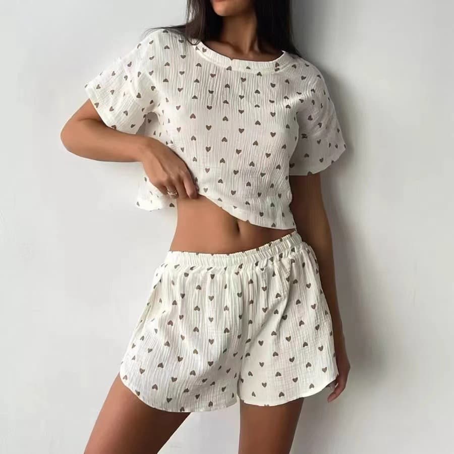 Cross-Border Best-Selling Women's Loungewear Heart Print Casual Ribbed Knit Wear-Out Pajamas Crop Top Custom