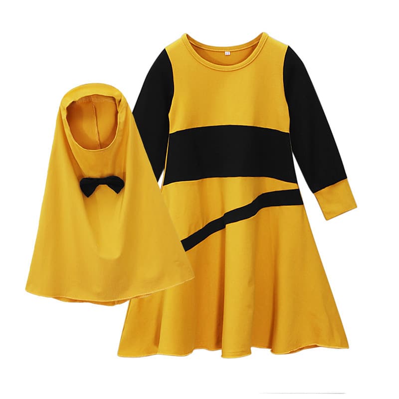 Children's Long Dress Autumn Spring Two-Piece Pullover with Headcover Chic European Style Color Block Dress For Daily Wear