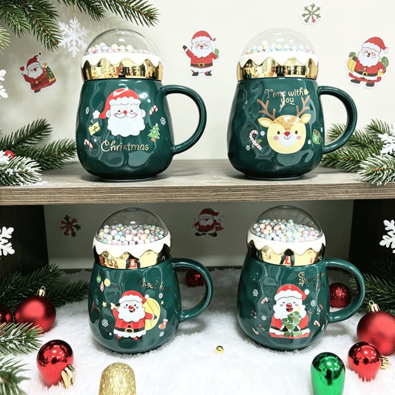 Cross-border Christmas ceramic mug with cute Santa Claus elk pattern crystal ball lid for coffee afternoon