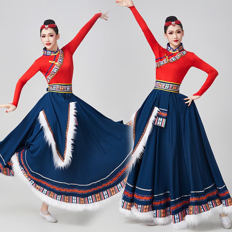 Tibetan Dance Half Skirt for Art Exam Practice, Square Dance Performance Costume, Student Dance Skirt, Ethnic Style Flared Skirt