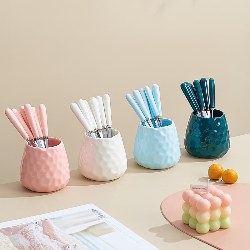Minimalist Cross-Border Water Cube Fruit Fork Storage Jar Ceramic Handle Fruit Fork Hammered Texture High Aesthetic Jar Set
