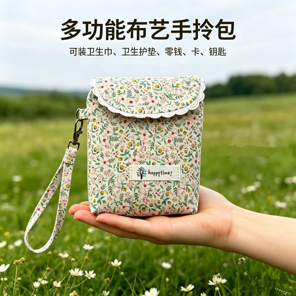 Floral coin purse, literary style, summer handbag, fabric lipstick storage bag, cute