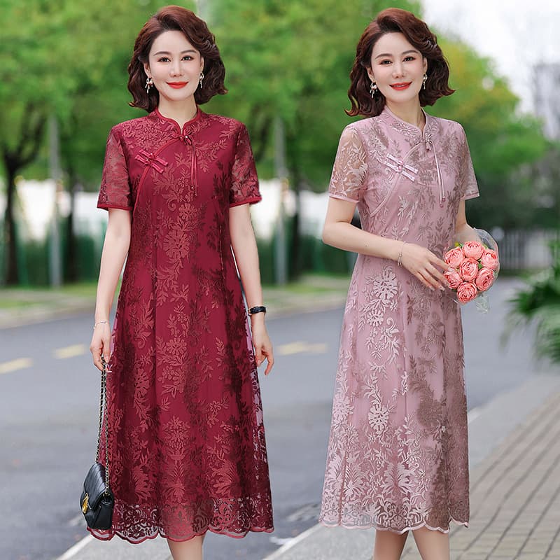 Middle-aged mother's new Chinese style cheongsam dress long knee-length dress wedding banquet dress women's dress retro improved cheongsam