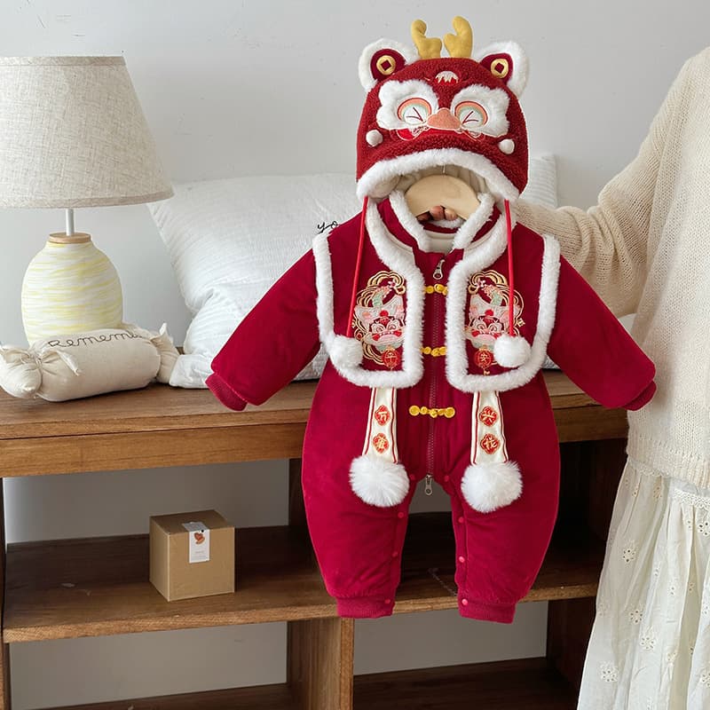 Infant Winter Cotton Padded Jacket Baby Chinese Style Embroidered Faux Two-Piece Romper Newborn 100-Day Celebration Chinese New Year Outfit