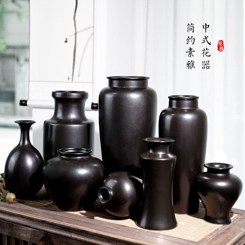 Jianshan Ceramic Jingdezhen Black Zen Flower Vase for Chinese Ikebana, Eastern Floral Art Desktop Decoration, Dried Flower Vase