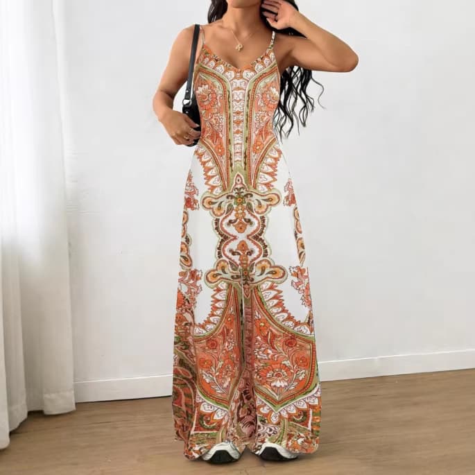 2026 European and American Cross-Border New Women's Printed Summer Fashion Casual Versatile V-Neck Camisole Jumpsuit with Wide Legs