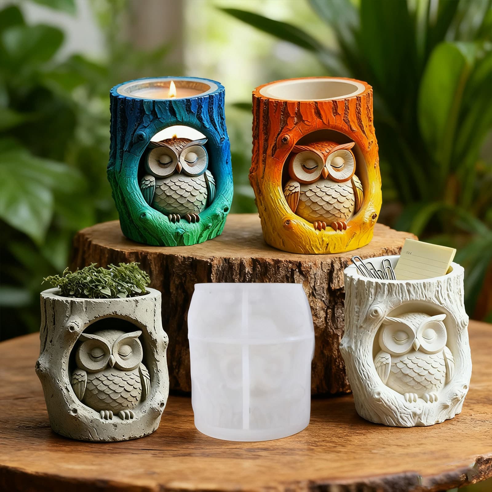 Print Dot Tree Stump Owl Aromatherapy Cement Plaster Cup Mold DIY Resin Storage Cup Flower Pot Ornament Silicone Mold