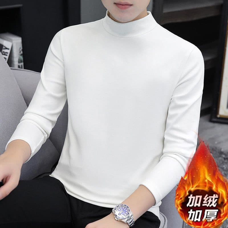 Half High Neck Velvet Thermal Long Sleeve T-Shirt Men's Thickened Lined Inner Layering Top Autumn Winter T-Shirt Top Trendy
