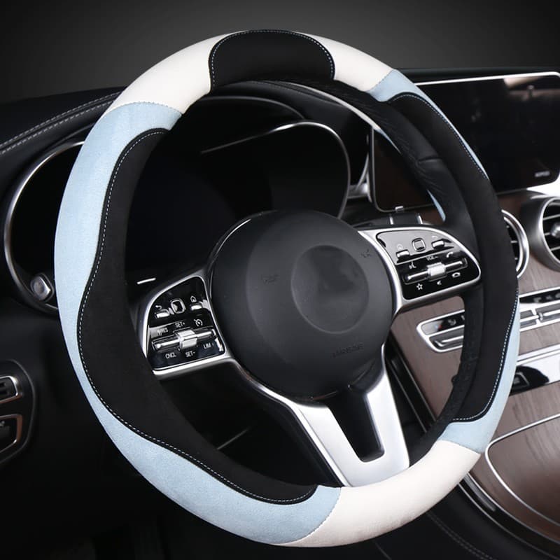 Four-Season Car Steering Wheel Cover, Contrast Stitching Suede Grip, Business Style Automotive Accessory