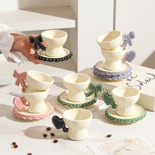 Hand-painted Ceramic Coffee Cup and Saucer Set with Bow Design, Espresso Cup, Home Ceramic Coffee Cup for Cross-border E-commerce