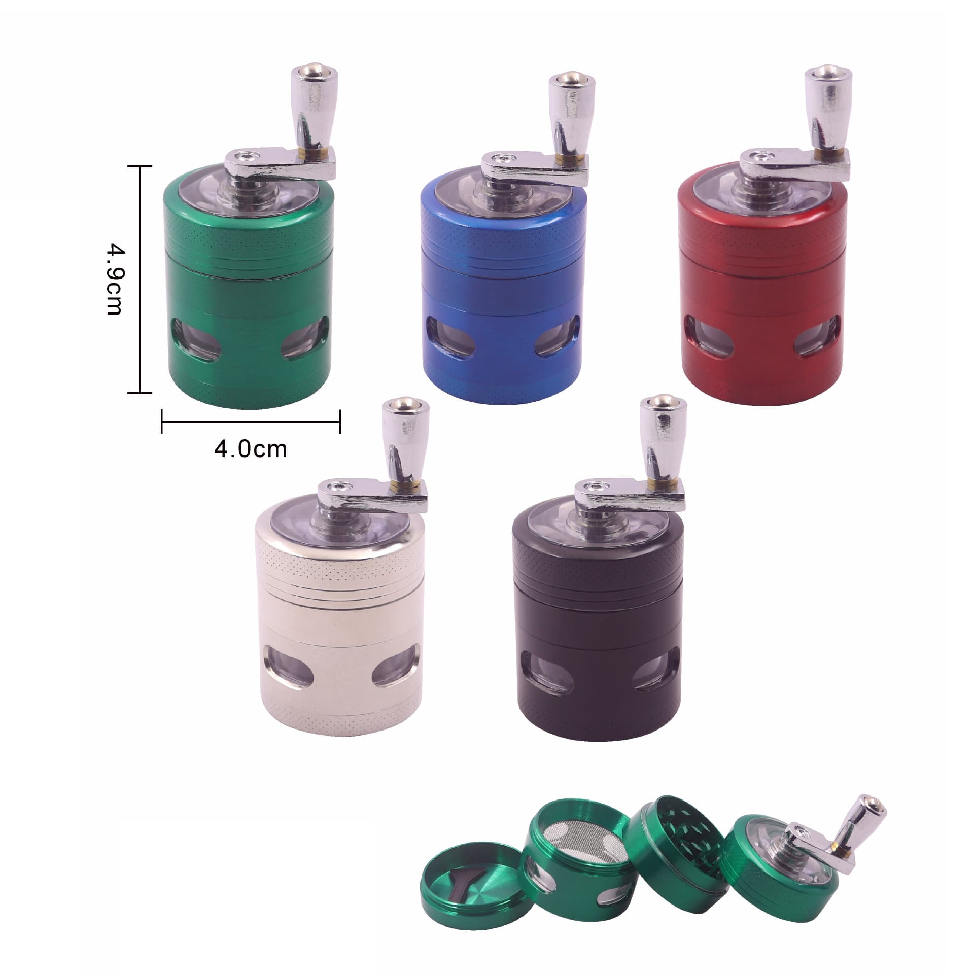 40mm 4-layer hand-cranked metal cigarette grinder with handle, zinc window cigarette crusher, visible window grinder