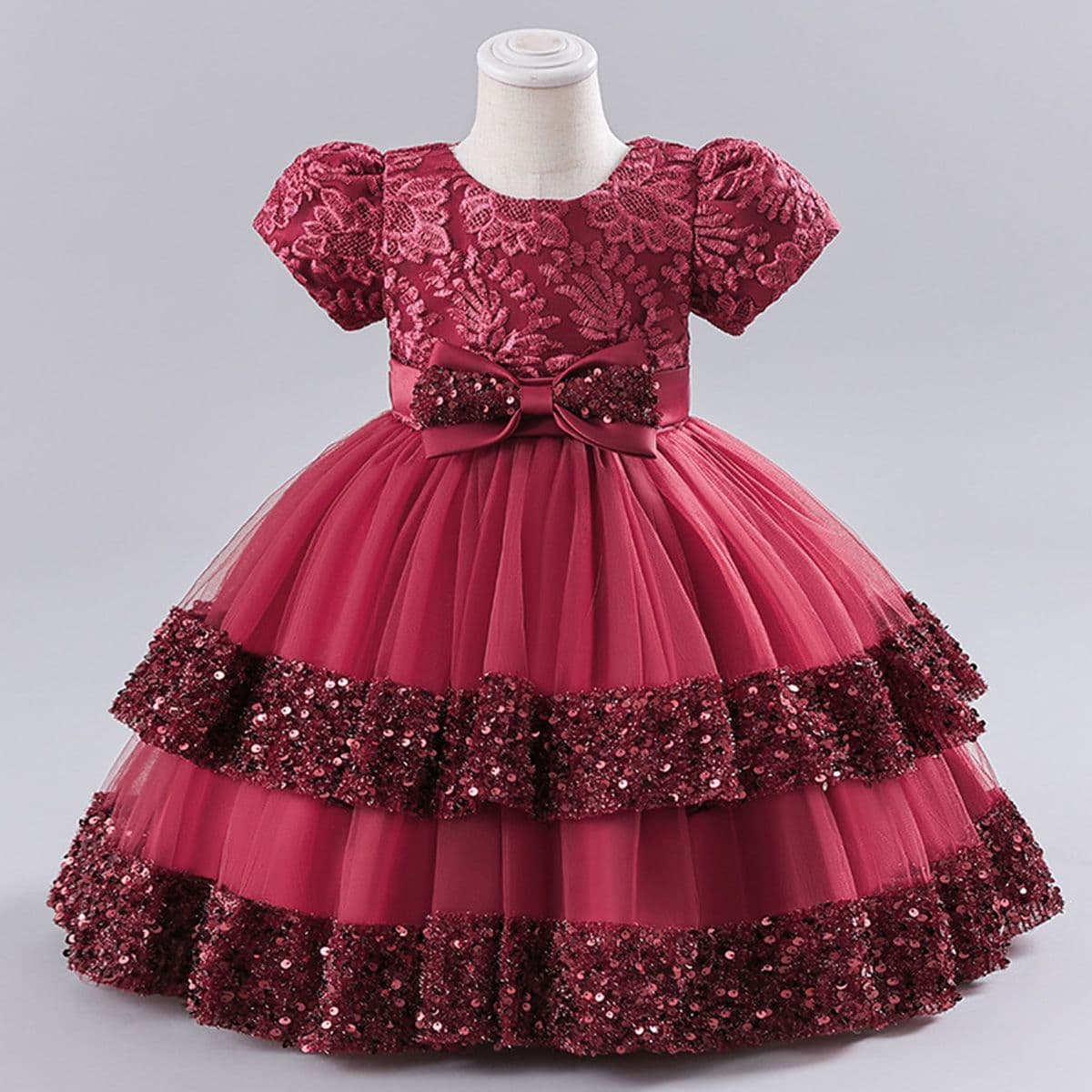 Children's Formal Dress Girl's Princess Dress with Embroidery, Sequins, Bow, Short Sleeves, and Tulle Skirt - Cross-border Stock Wholesale