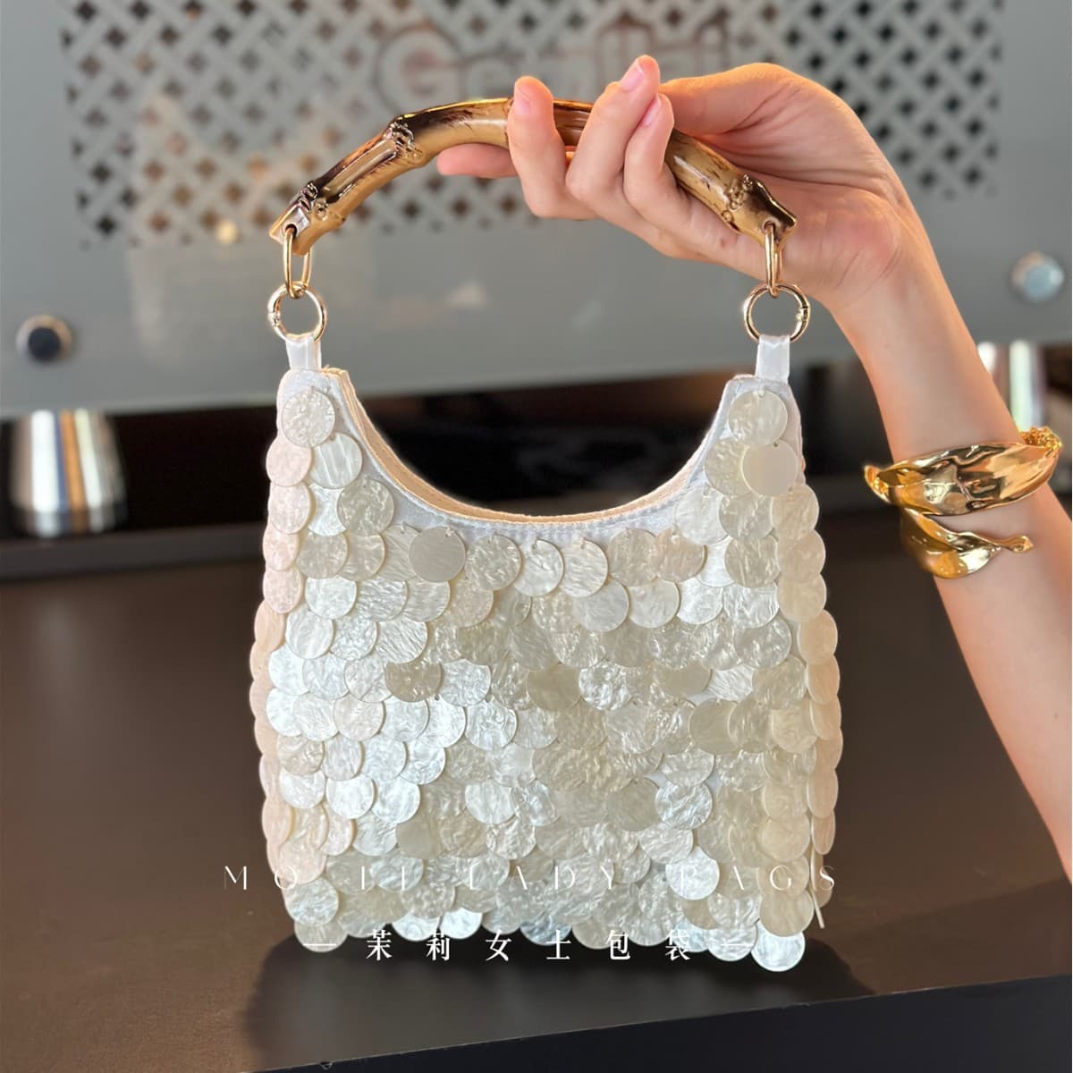 2026 Spring/Summer New Bamboo Node Handbag Socialite Evening Style Hand-Sewn Shell Bag Women's Handbag Shoulder Crossbody Bag