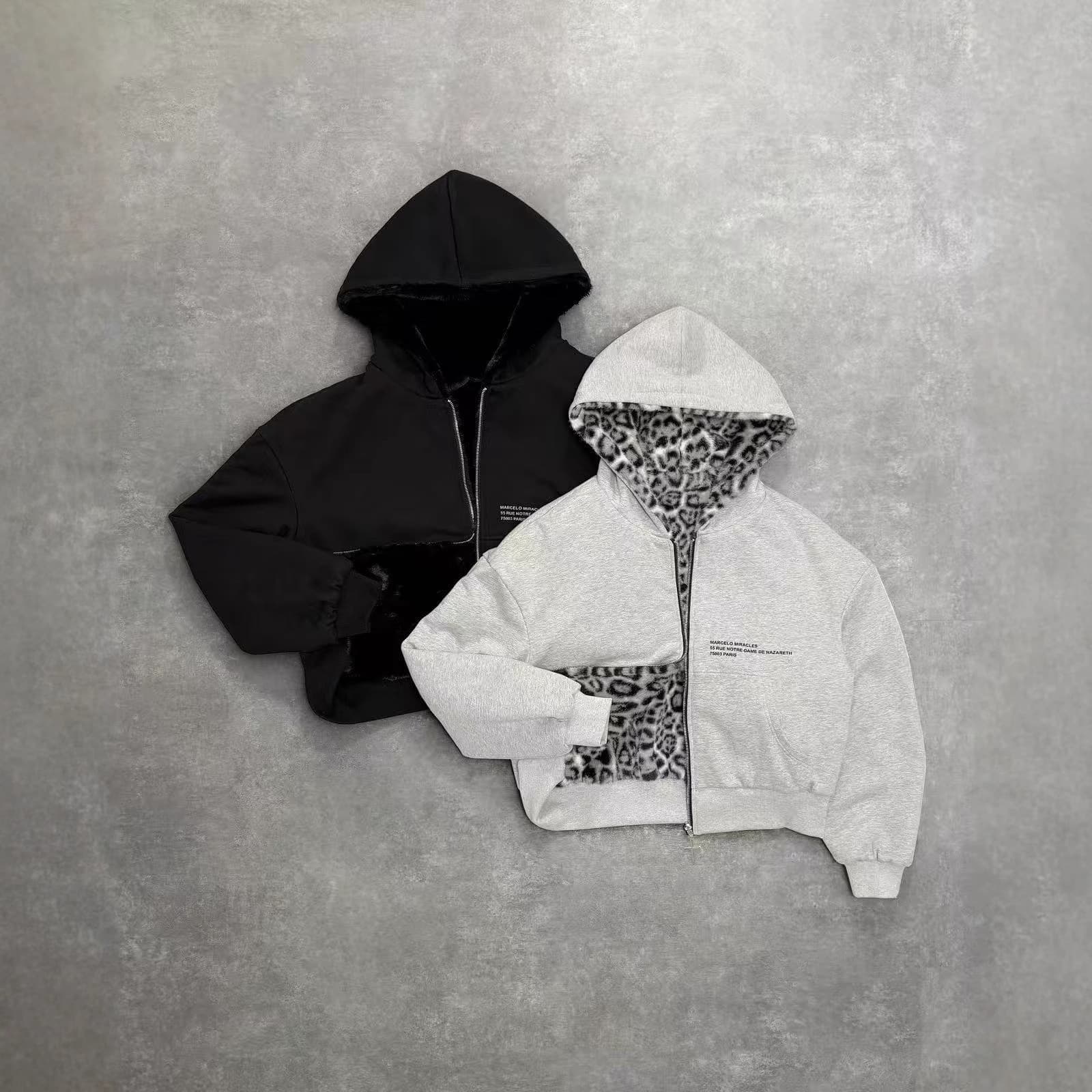 2025 European and American New Autumn and Winter Hooded Sweatshirt with Reversible Retro Leopard Print, Casual Versatile Zip-Up Hoodie, Loose Fit