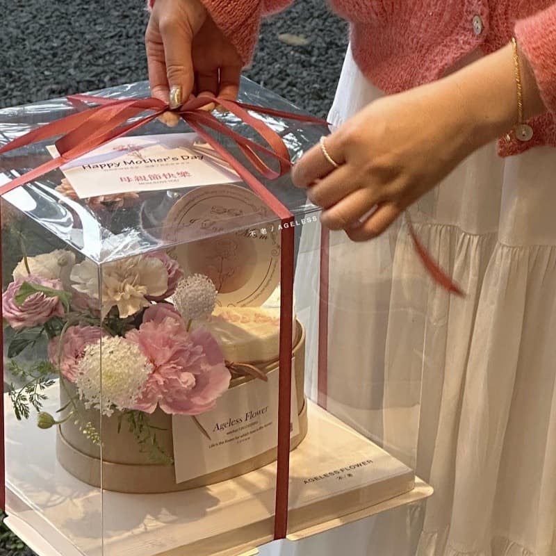 2026 Mother's Day Cake Decoration Oval Kraft Paper Floral Cake Box European Style Card Gift Wrapping