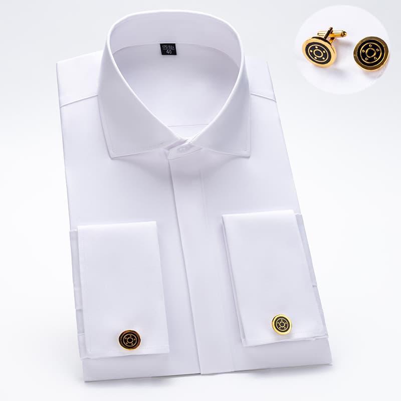 Men's French Cuff Shirt Long Sleeve Windsor Collar Hidden Button Bamboo Fiber Double Cuff Business Formal White Shirt