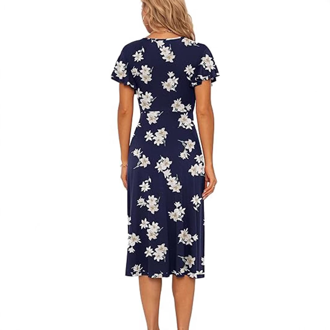 Cross-border Amazon TEMU Dandelion Print Women's Summer Short Sleeve Casual Dress V-Neck Print Party Dress