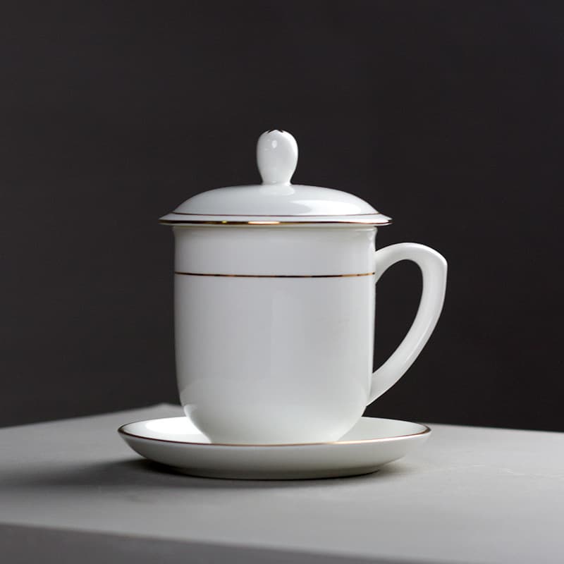 Hotel Guest Room Ceramic Pure White Medium Cup with Lid, Bone China Office Meeting Cup for Drinking Water