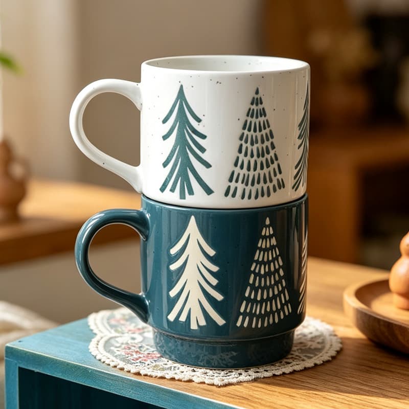 [Christmas Mug] Green Pine Tree Home Breakfast Milk Cup Stackable Cup Water Cup Ceramic Couple Cup