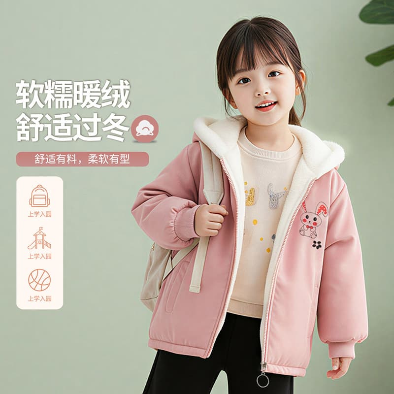 Girls' Jacket Fall Winter 2025 New Children's Cute Bunny Ears Top Fleece-Lined Thickened Stylish Girls' Winter Wear