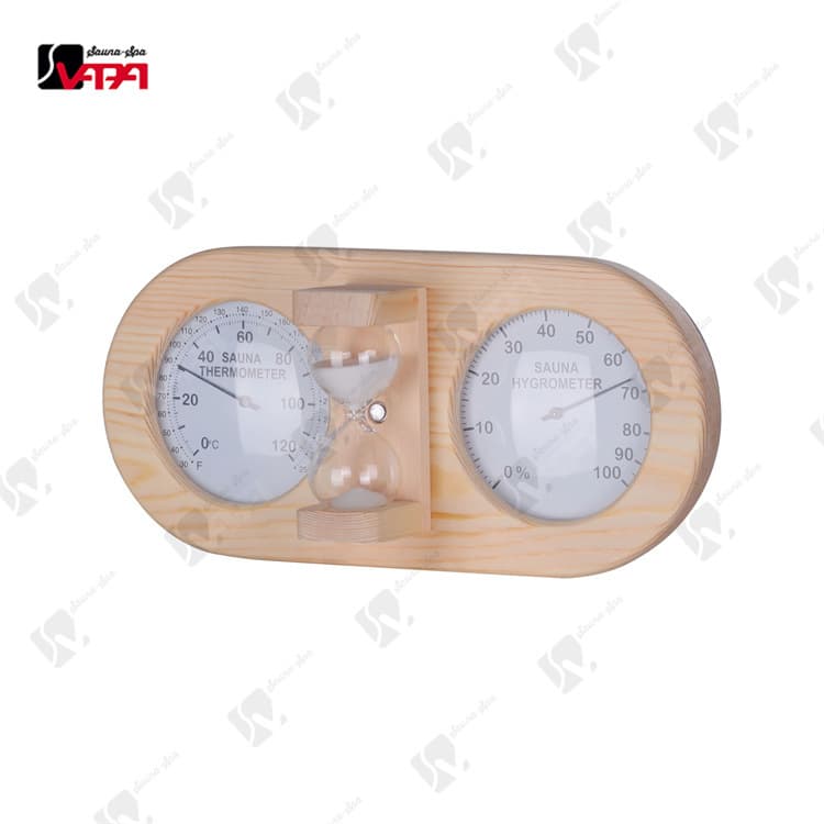 New pine wood double-strap white dial hourglass thermometer and hygrometer for sauna rooms, sauna accessories, dry sauna.