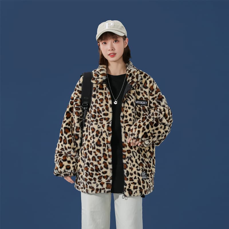 Autumn Winter Cotton Coat Jacket Retro Leopard Print Harajuku Hip Hop Style Loose Fleece-Lined Thick Hooded Cotton Padded Jacket BF Trend