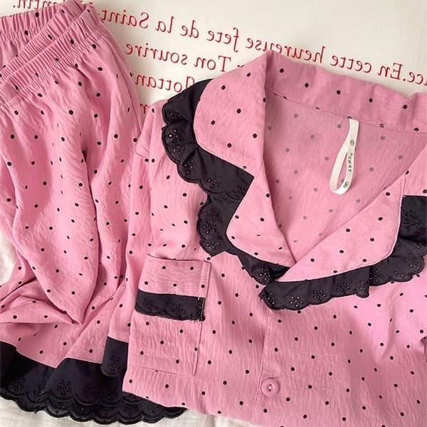 Internet celebrity new pink lace polka dot pajamas women's short-sleeved shorts two-piece home clothes student dormitory set