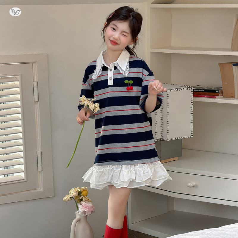 Girls' Dress 2026 Summer Style for Older Children, Lace Polo Collar T-Shirt Dress, Casual Striped Mid-Length Straight Dress