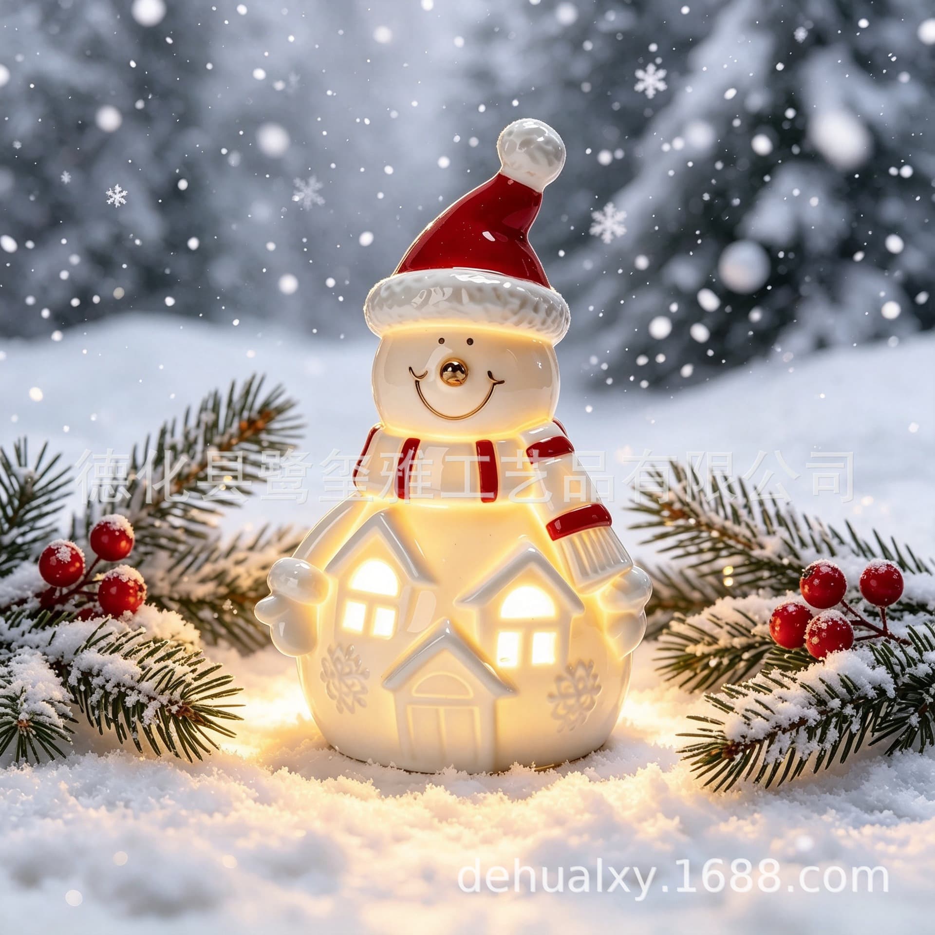 Dehua Gold-Traced White Porcelain Translucent Christmas Decoration Ornament Christmas Snowman Figurine with LED Light