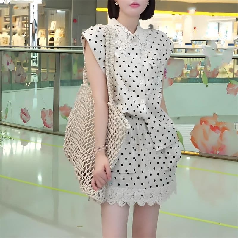POLO collar two-piece lace new polka dot suit ins2026 shirt summer skirt short skirt for women