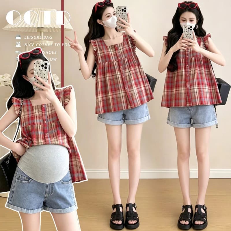 Maternity 2026 Cap Sleeve Shirt Small Size Red Plaid Top + Denim Maternity Support Shorts Set