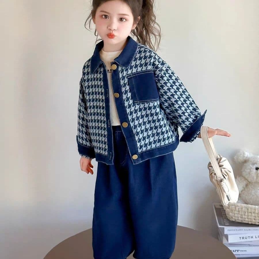 Girls Autumn Denim Suit 2026 New Middle & Young Children Fashion Houndstooth Jacket Wide-Leg Jeans Two-Piece Set