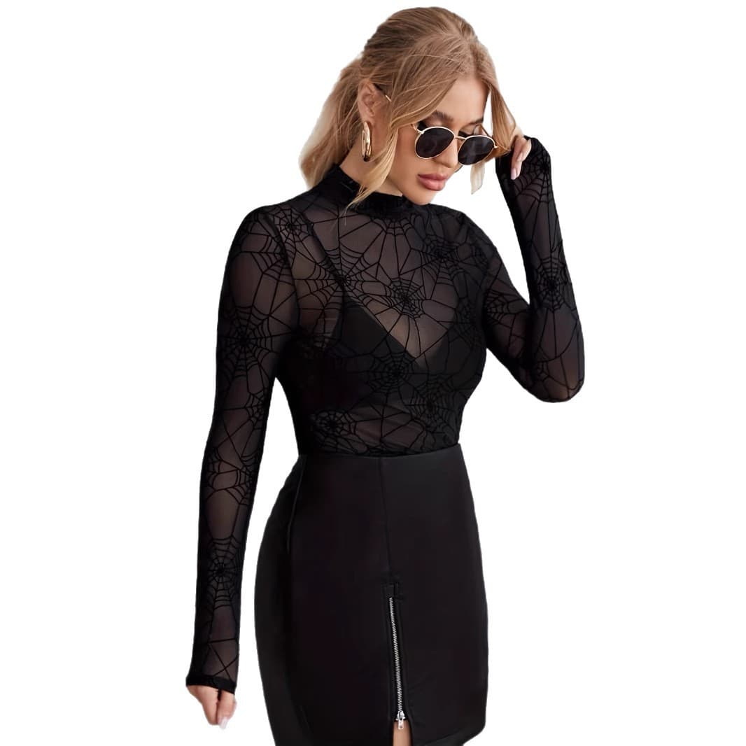 2025 Fall New Sexy Mesh Base Top for Women, Sheer See-Through Slimming Blouse for Amazon Cross-Border Sales